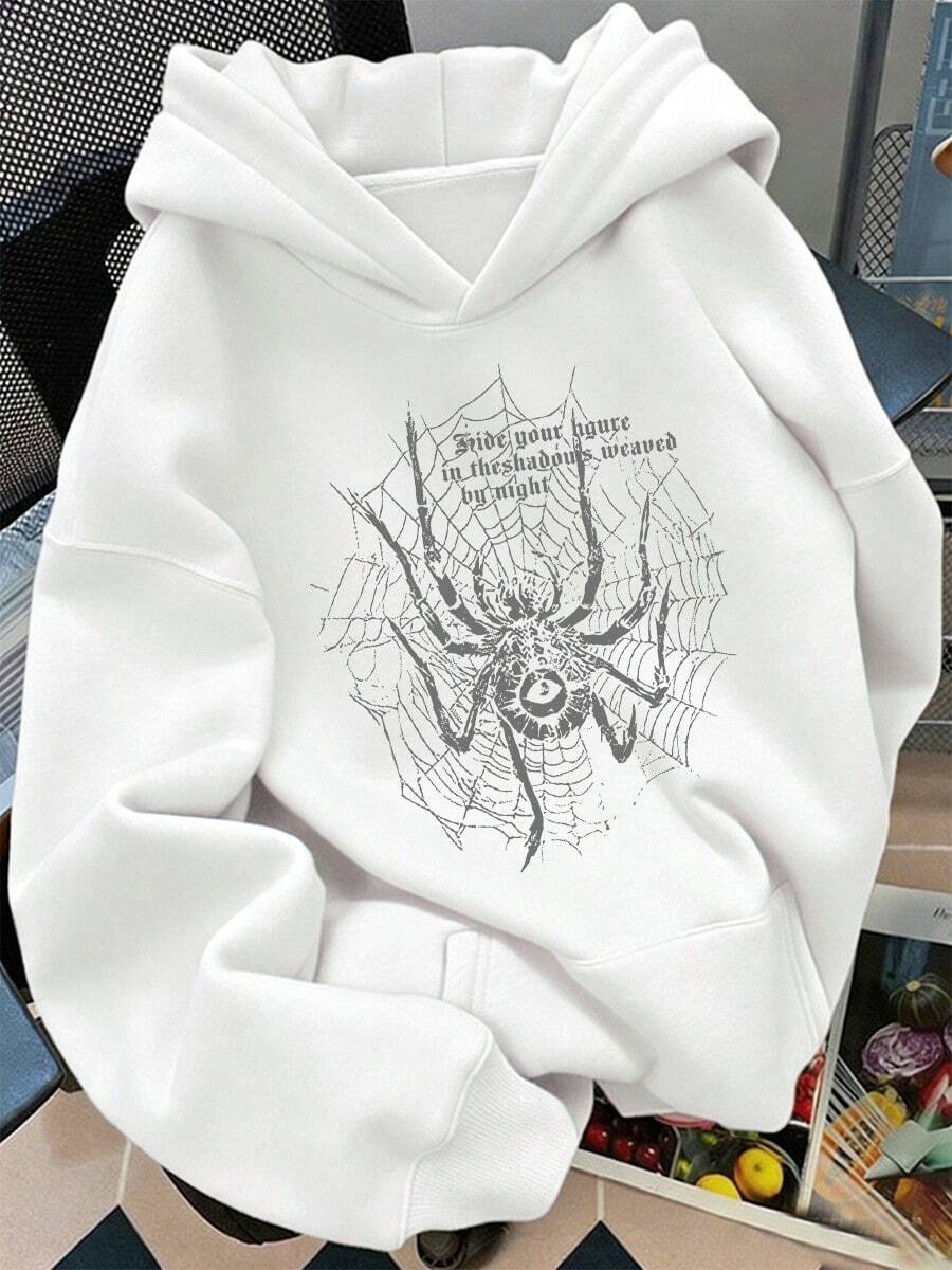 Sudadera con estampado de tela de araña para mujer Sudadera con capucha y estampado de telaraña en tonos oscuros, con cordón y bolsillos. Sudadera con capucha informal para mujer, cálida y cómoda, en color liso. - Blanco - Ver 1