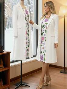 Plus Size Women's Spring/Summer Long Dress 2-Piece Set: Casual Versatile Long Solid Color Cardigan Jacket + Loose Round Neck Sleeveless Printed Long Elegant Dress