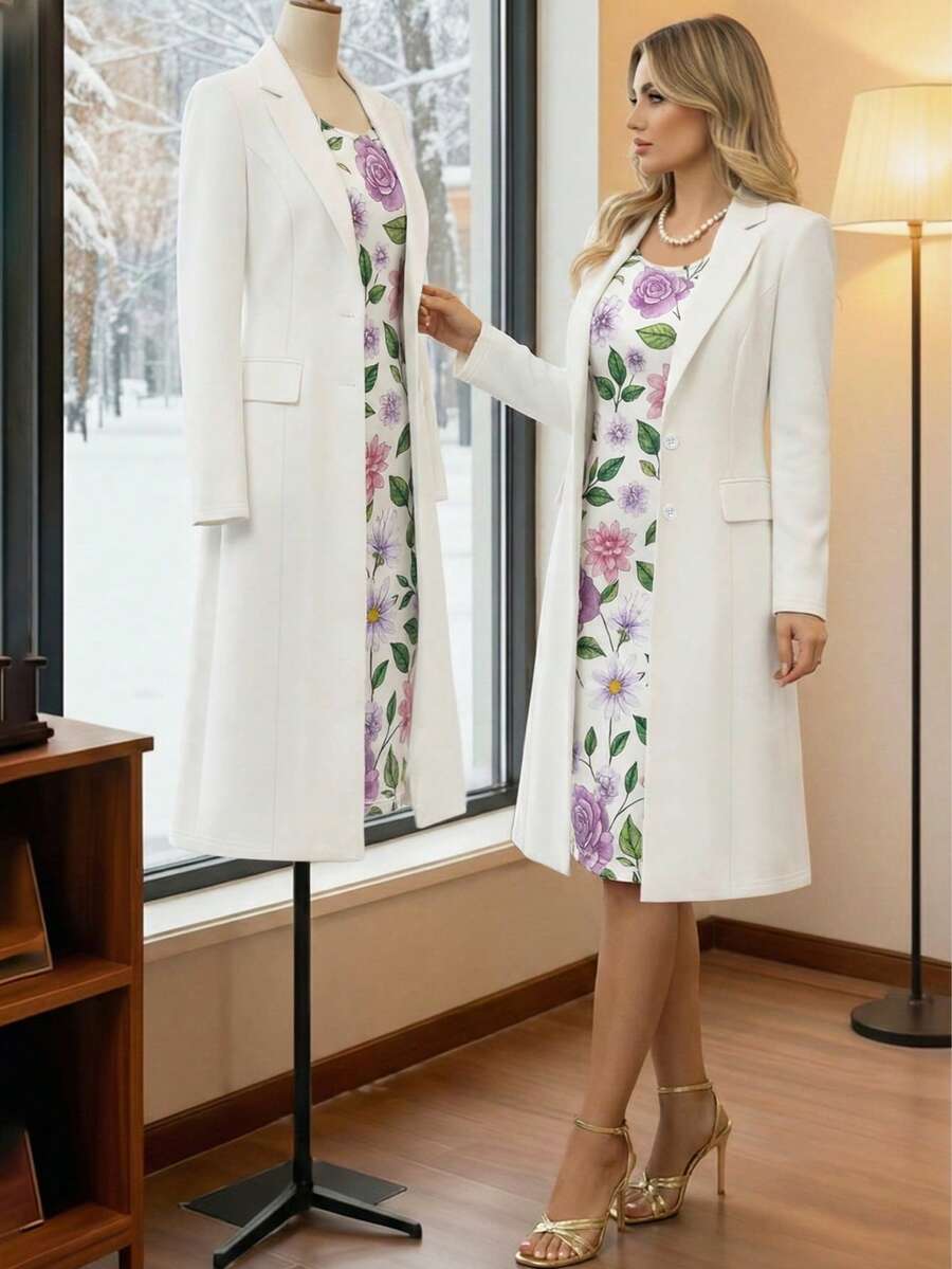 Plus Size Women's Spring/Summer Long Dress 2-Piece Set: Casual Versatile Long Solid Color Cardigan Jacket + Loose Round Neck Sleeveless Printed Long Elegant Dress