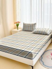 1pc Plaid Fitted Sheet, Minimalist Plaid Fitted Sheet - Multicolor - View 9