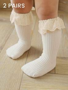 2 Pairs Lace Trim Ankle Socks, White Socks, Student Socks, Versatile Socks, School Socks, Princess Socks, All Season Socks, Striped Socks - White - View 1