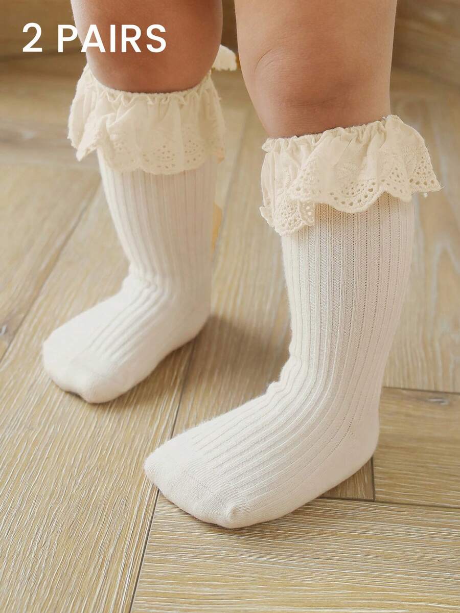 2 Pairs Lace Trim Ankle Socks, White Socks, Student Socks, Versatile Socks, School Socks, Princess Socks, All Season Socks, Striped Socks - White - View 1