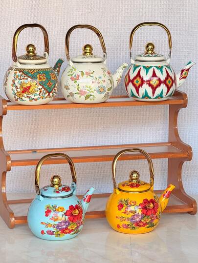 Middle Eastern Traditional Style + Geometric Floral Pattern / Colorful Enamel Finish + Spherical Body + Gold-Plated Handle And Knob + Heat Insulation & Leak-Proof + Arabic Dallah Coffee Pot + Scratch-Resistant, Durable, Easy To Clean, Complementing High-End Tea And Coffee Occasions