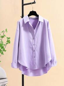 Minimalist Lapel Long Sleeve Loose Women's Shacket, Featuring Shirt Collar And Asymmetric Hem Design Spring - Light Purple - View 3