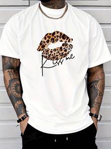 Vesper Canvas Simple Casual T-Shirt | 100% Cotton | Breathable Short-Sleeved Crew Neck T-Shirt | Red Leopard Print Lips Pattern | Suitable For Spring, Summer, And Autumn Travel, Beach, Parties, And Dates - Valentine's Day Gift, Unisex T-Shirt - 白色 - 查看 8