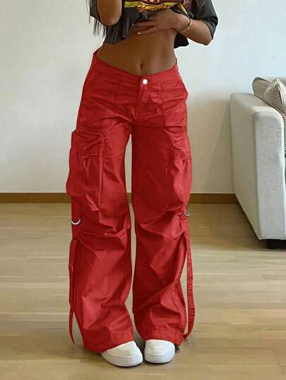 Y2K Streetwear Cargo Pants, Flap Pockets, Strap Details, Loose Casual Wide Leg Lightweight Trousers, Women Spring