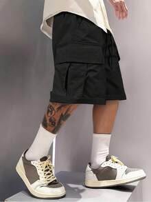 夏季加大码男士宽松背带短裤，适合体型偏胖人士，休闲时尚，百搭宽松运动短裤，日常穿着、购物、约会皆宜，最大承重300磅。黑色 - 黑色 - 查看 3