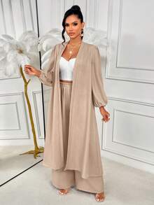 AIJ Amarilo Ladies' Longline Coat And Wide-Leg Pants Two Pieces Set - Casual, Elegant & Romantic Style, Solid Color Design, Suitable For Daily Wear And Holiday Trips - Khaki - View 5