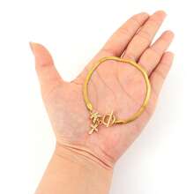 1pc Classic Fashion Initial Cross Pendant Golden Toggle Clasps Stainless Steel Herringbone Chain Bracelets For Momen - Yellow Gold - View 3