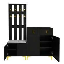 Wardrobe Set With Shoe Bench And Cushion, Wardrobe Front With Hooks, Shoe Cabinet With Drawers And Doors - 黑色 - 查看 10