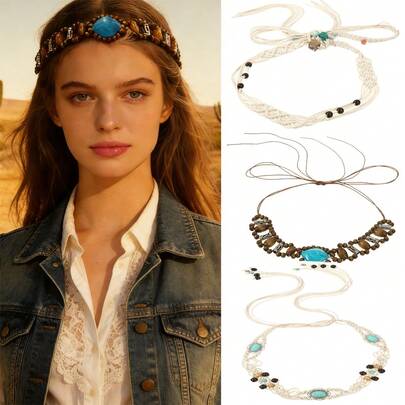 1PC Cowboy Hat Bands Western Hat Belts Hairbands Headband For Cowboy Accessories Beaded Hatbands For Women Cowgirl Men Hair Accessories Women Hair Band Women Head Scarf Work Out Sweatband