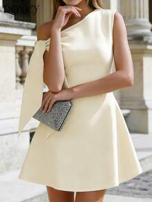 DONICY Women's New Elegant White Asymmetrical Shoulder A-Line Mini Dress With Draped Sleeves - Casual Chic Party Dress, Suitable For New Year Gatherings, Valentine's Day Dates, Carnival Parties, And Everyday Casual Occasions - Apricot - View 7