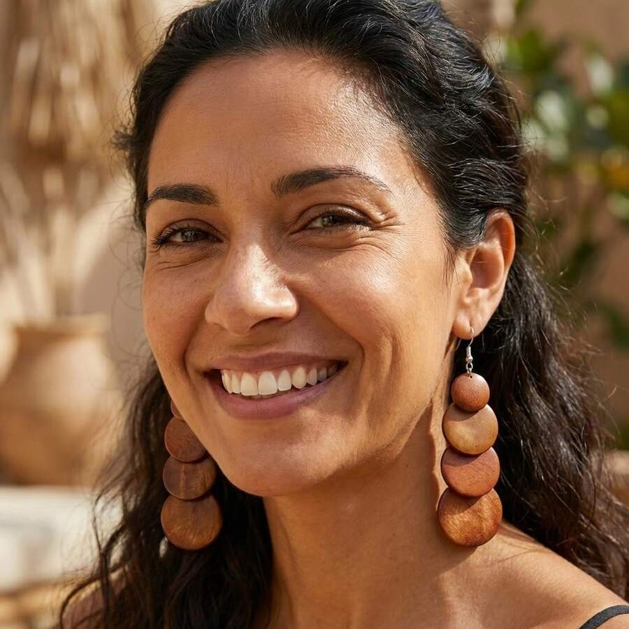 1对棕色木质几何圆形耳环，复古木质圆链耳环，铁质耳钩，女士时尚首饰套装，适合日常佩戴和送礼，四季皆宜的配饰，女士时尚首饰 - 棕色 - 查看 1