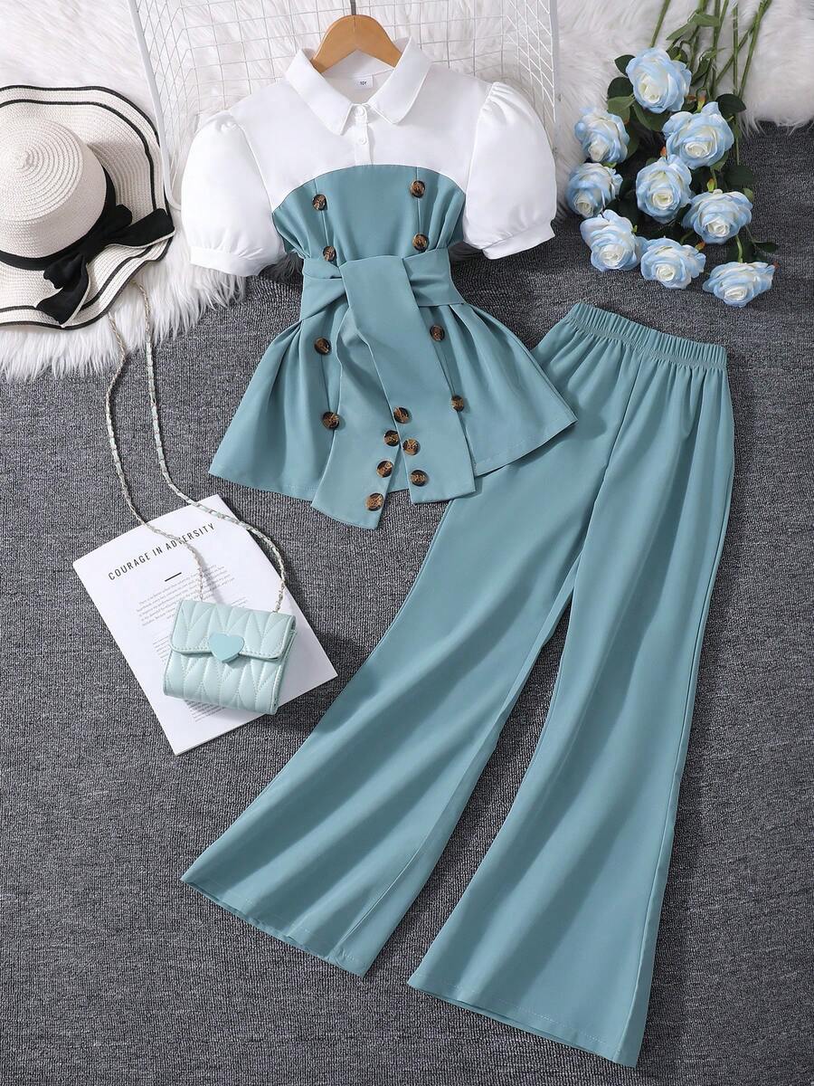 2pcs Girls Lantern Sleeve Collared Top & Wide Leg Pants Set, Casual/Party/Performance Outfit, Spring/Summer - Green - View 1