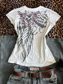 Versatile Casual StyleNoixe Vintage Y2K Cute /EMO Graphic Round Neck Short Sleeve-Shirt Women, Suitable Casual Daily Wear - 白色 - 查看 6