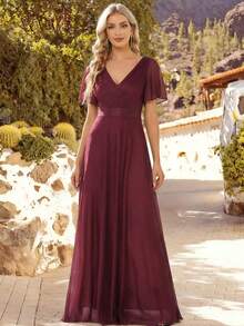 春季女士优雅闪亮V领荷叶边袖酒红色伴娘礼服，适合婚礼晚宴、生日派对、节日派对、家庭聚会、新年等半正式场合。 - 酒紅色 - 查看 7