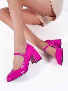 Elegant Women's High Heels, Fuchsia Glossy PU, Comfortable And Soft Lining, Chunky Heel, Square Toe, Suitable For Balls, Banquets, Parties, Weddings, And Everyday Outings. - 玫紅色 - 查看 5