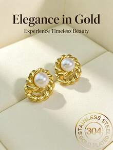 Stainless Steel Gold-Plated Heart Stud Earrings, Pearl Earrings For Women, Low Allergy Jewelry Gift, Suitable For Sensitive Ears - Multicolor - View 2