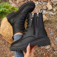 Super Warm Winter Boots - Non-Slip Thick Sole, Polar-Grade Warmth, Low Heel, Round Toe, Solid Color Simple Design, Suitable For Outdoor Hiking, Artificial Leather Upper, PU Sole, Fabric Lining, Hiking Boots - 漆黑色 - 查看 1