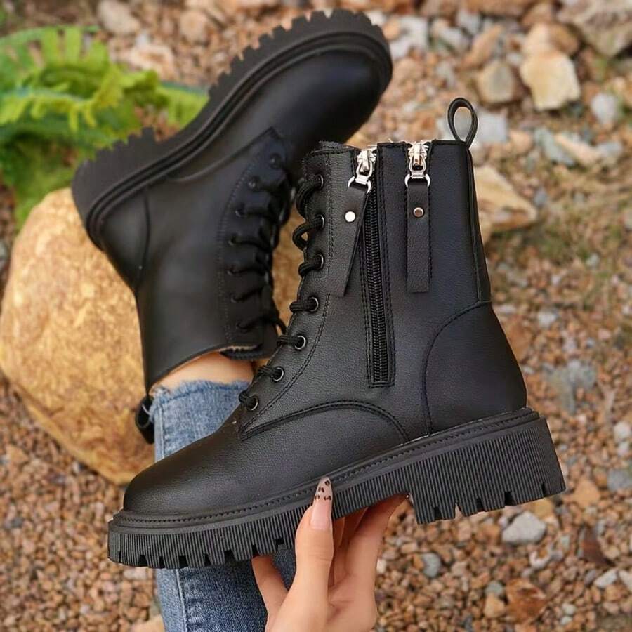 Super Warm Winter Boots - Non-Slip Thick Sole, Polar-Grade Warmth, Low Heel, Round Toe, Solid Color Simple Design, Suitable For Outdoor Hiking, Artificial Leather Upper, PU Sole, Fabric Lining, Hiking Boots - 漆黑色 - 查看 1