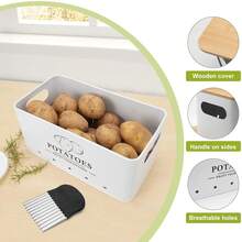 Kitchen Vegetable Storage Set Of 3, Metal Onion Garlic Potato Storage Set, Kitchen Canisters Vegetable Keeper Containers With Aerating Holes And Wooden Lid (White) - 白色 - 查看 4