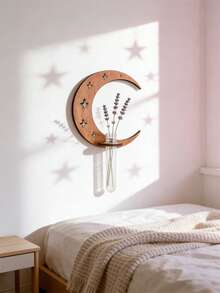 1个波西米亚新月形木质空心花瓶，悬挂式塑料管植物架，适用于水培和扦插，易于安装，四季皆宜，波西米亚简约透明水培绿玫瑰植物家居装饰 - 适用于卧室、客厅、走廊、婴儿房、厨房、办公室和小屋（随机管型） - 彩色 - 查看 5