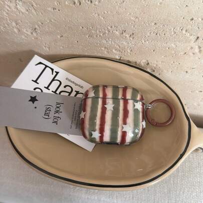 Retro Semi-Transparent Contrast Color Red Green Striped Star Hanging Ring Earphone Case Compatible With AirPods Pro 2, Cute Apple 4 Minimalist 3 New 1/2 Generation Earphone Case For Women