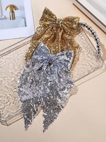 1/2 Pcs Girls Gold Silver Large Shinning Sequin Bow Hair Clips, New Back To School Ovesized Long Tail Hair Bows Hair Pin Hair Barrette Hair Accessories For Holiday Parties And Daily Use - Multicolor - View 2