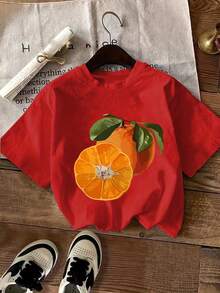 Ropa de mujer, camiseta de algodón de verano, estampado de hojas y frutas vibrantes, cuello redondo, rosa brillante, lavable, top casual para todas las estaciones, ropa de mujer con diseño. - [Rojo] - Ver 2