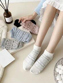 5 Pairs Random Spring/Summer Fair Isle Bow Accent Ankle Socks For Women, Non-Slip - Multicolor - View 3