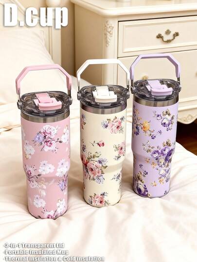 1个900毫升复古花卉图案双层不锈钢保温杯，平底杯，可作咖啡杯、车载杯、水瓶、户外保温杯、茶杯、真空保温瓶，带吸嘴和吸管设计，适合户外、办公室、家庭、学校、汽车、健身房、旅行等场合，是生日礼物、节日礼物、母亲节礼物、父亲节礼物、返校礼物、情人节礼物的理想之选。