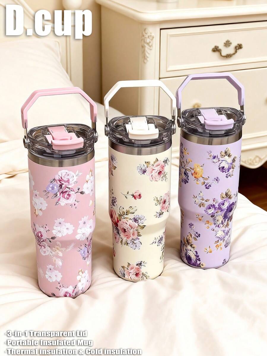 1pc 900ml Vintage Floral Pattern Double Wall Stainless Steel Insulated Tumbler, Flat Bottom Cup, Coffee Mug, Car Cup, Water Bottle, Outdoor Tumbler, Tea Cup, Vacuum Flask, With Drinking Spout And Straw Design, Suitable For Outdoor, Office, Home, School, Car, Gym, Travel, Birthday Gift, Holiday Gift, Mother's Day Gift, Father's Day Gift, Back To School, Valentine's Day Gift