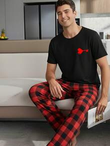 [MEN/WOMEN] Couple Style Pajama Set, Valentine's Day Gift For Men Or Women, Short Sleeve Top + Long Pants Plaid Loungewear Spring/Summer Round Neck Pullover Single Set - 男人 - 查看 4