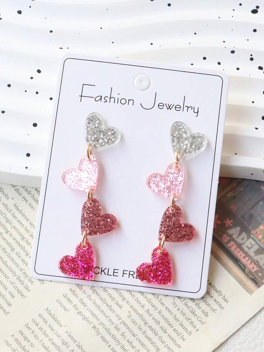 一对亚克力可爱三心耳环，闪亮粉色心形耳环，甜美时尚耳环，情人节派对礼物 - 四連愛心 - 查看 1