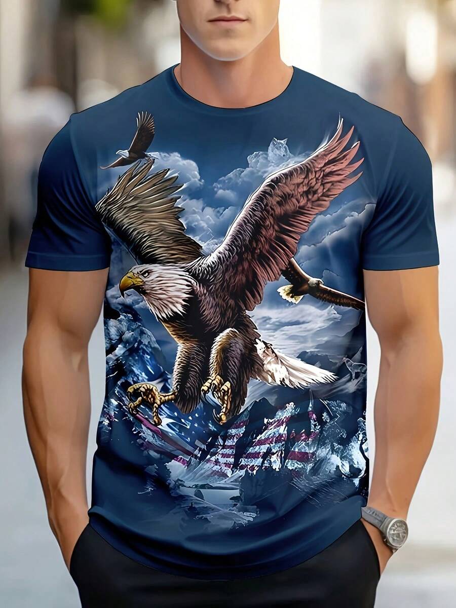 Men'S Patriotic Eagle & American Flag Graphic T-Shirt - Lightweight Breathable Short Sleeve Round Neck Tee With City Skyline Design, Regular Fit Casual Top For Casual Attire, PLUS SIZE - 混合色 - 查看 1
