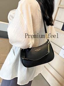 New Fashion Classic Versatile Letter Graphic Decor Solid Color Waterproof PU Fabric Shoulder Bag, Crescent Bag, Underarm Bag, Suitable For Shopping, Can Be Worn Crossbody.Crescent Bag For Summer, Suitable For Beach Vacation, Back To School Season, Women Wallet. - 黑色 - 查看 10