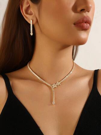 Juego de joyería de lujo de 3 piezas para mujer, collar + aretes de cristal de circonita, elegante y con estilo, adecuado para boda, fiesta, vacaciones, vestido formal