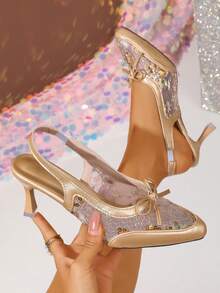 女士优雅蕾丝尖头蝴蝶结高跟凉鞋，时尚夏季派对婚礼高跟鞋 - 金色 - 查看 1