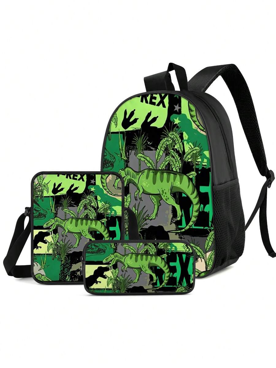 3pcs Boys' Backpack Set - Dinosaur Pattern Fabric, Large Capacity Multi-Function Zipper Closure, Casual Schoolbag, Suitable For Daily Use And Travel
