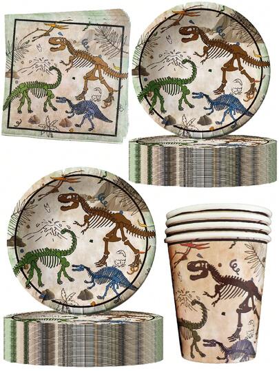 10pcs Dinosaur Fossil Theme Archaeology Birthday Party Paper Plate Paper Cup Paper Shape Tableware Decoration Set Supplies Camping Travel Camping Exploration