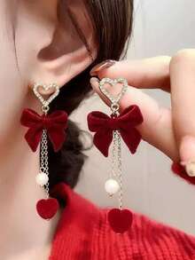 Vintage Flocked Butterfly & Heart Tassel Earrings, Luxurious Design, Elegant Retro Earrings - Multicolor - View 3