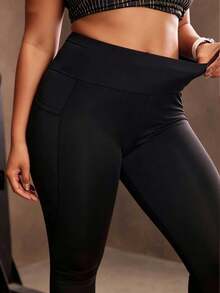 Plus Size Women's Soft High Waist Elastic 7/8 Leggings, Casual Sports Running Tights With Pockets, Suitable For Outdoor, Cycling, Yoga - Black - View 6