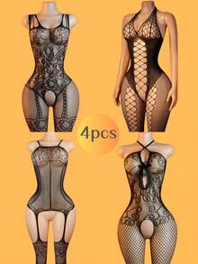 4pcs/Set Plus Size Women Highly Elastic Hollow Out Seamless Bodysuits Sexy Lingerie Set - Lace Jumpsuit Stockings - Backless Bodysuits Stockings - Mesh Full Body Stockings Sleepwear, Suitable For Sleepwear, Lingerie, Club Party, Honeymoon, Valentine's Day, Christmas Gift - 黑色 - 查看 1