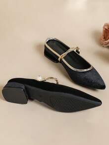 Women's New Pointed Toe Low Heel Mules, Fashionable Slip-On Mary Jane Shoes - Black - View 5