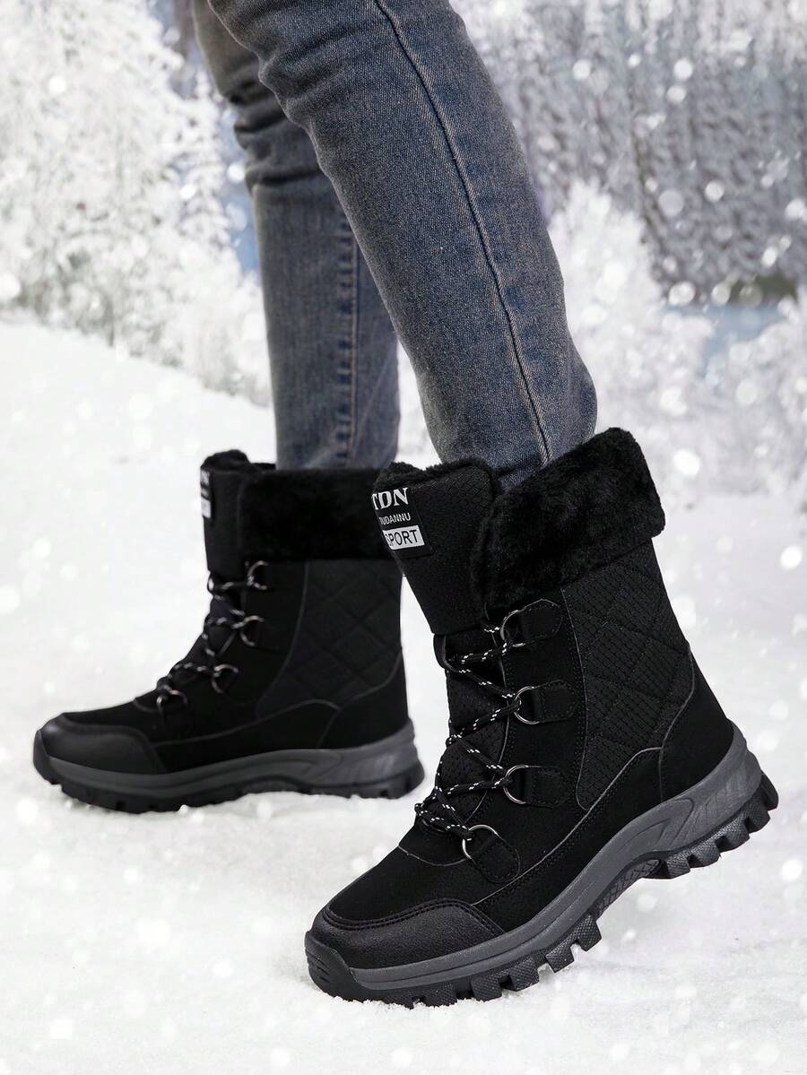 大码女式高帮防滑加厚羊毛冬靴 女式冬靴 女式保暖过膝靴 女式中筒靴 女式户外徒步靴 女式加厚羊毛运动靴 女式时尚系带黑色雪地靴