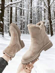 FZY 2026 Winter New Women's Snow Boots: Stylish Side Zipper Design, PU Leather Upper, Thickened And Warm Wool Lining. Perfect For Everyday Wear, Shopping, And Outdoor Activities. A Must-Have Black Boot For Women's Winter Outfits.Valentine's Day Sentiment-Giving Gift Boots,FuzzyChic Apricot Boots,The Essential Fashion Item For Attending A Wedding - Elegant Ladies' Boots - Màu be - Xem 2