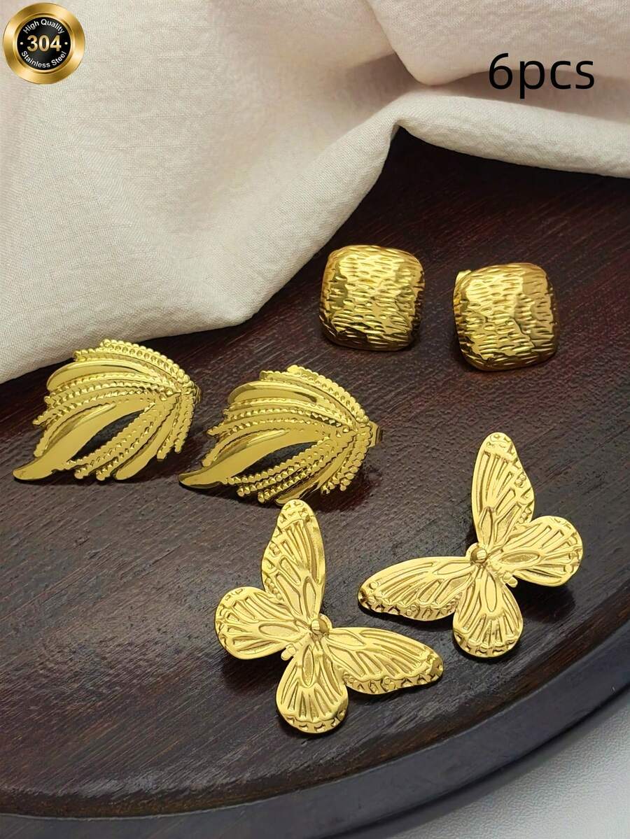 3D蝴蝶结不锈钢耳钉，镀金花卉设计，生日礼物，节日礼物，送给闺蜜 - 金色 - 查看 1