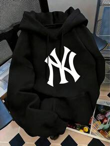 Sudadera con capucha de manga larga blanca elegante para mujer con diseño gráfico, jersey informal de largo regular con cordón y forro cálido. - Negro - Ver 1