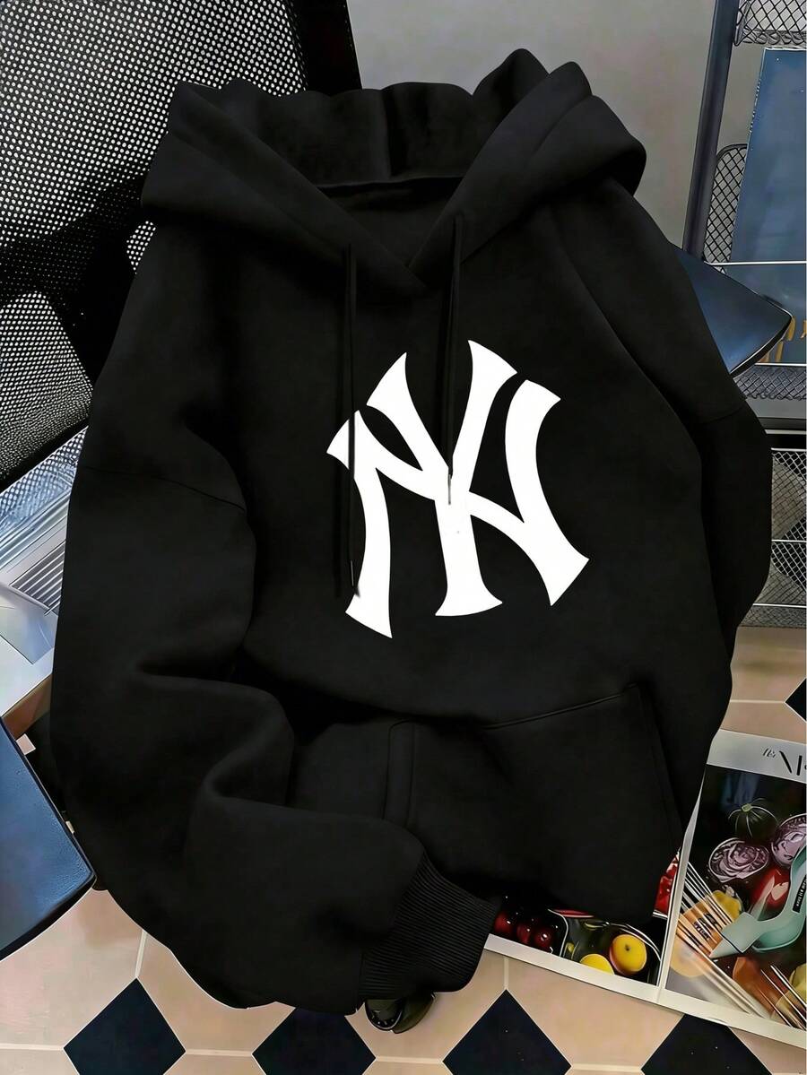 Sudadera con capucha de manga larga blanca elegante para mujer con diseño gráfico, jersey informal de largo regular con cordón y forro cálido. - Negro - Ver 1