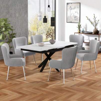 Samt-Esszimmerstuhl, 6er-Set, Luxuriös, Wohnzimmer, Schlafzimmer, Lounge-Stuhl Mit Vier Silberne Metallstützbeinen, Mit Armlehnen Und Verstellbaren Füßen, Lendenwirbelstütze, Grau